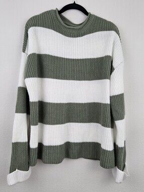 Striped White And Green Knit Sweater